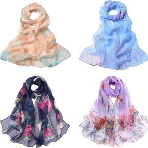 4 Pack Women's Floral Chiffon Scarves Lightweight Sun Protection Wraps
